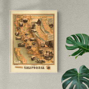 Vintage Unique Restated Karta of California, 1885 Poster