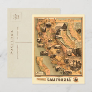 Vintage Unique Restated Karta of California, 1885 Vykort