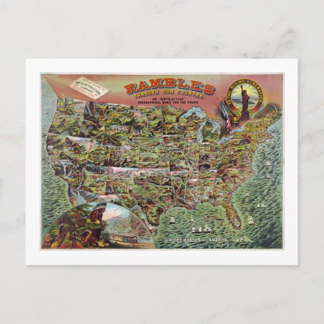 Vintage United Stater Karta Rambles Travel Vykort (Framsida)