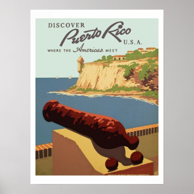 Vintage Upptäck Puerto Rico WPA Travel Poster (Framsidan)