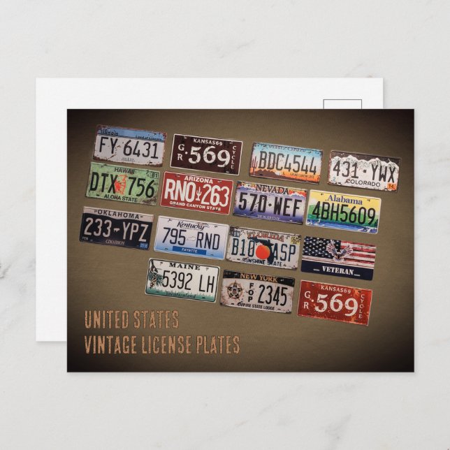 Vintage US License Tallrikar Vykort (Fram/baksida)