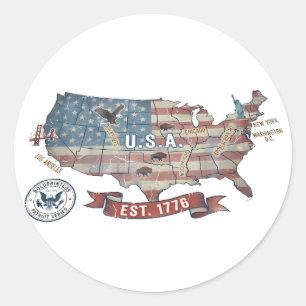 Vintage USA-karta - Amerikansk patriotisk vild Runt Klistermärke
