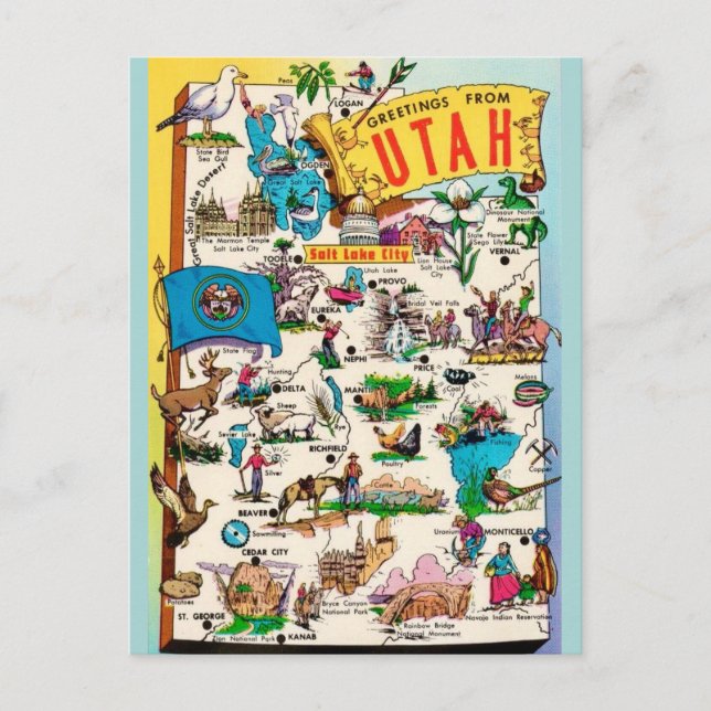 Vintage Utah-karta Vykort (Framsida)