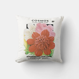 Vintage utsädespaket konst, Cosmos trädgårdsblommo Kudde