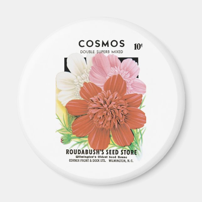 Vintage utsädespaket konst, Cosmos trädgårdsblommo Magnet (Framsidan)
