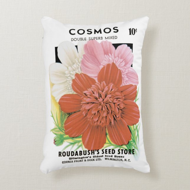 Vintage utsädespaket konst, Cosmos trädgårdsblommo Prydnadskudde (Framsidan(Vertikal))