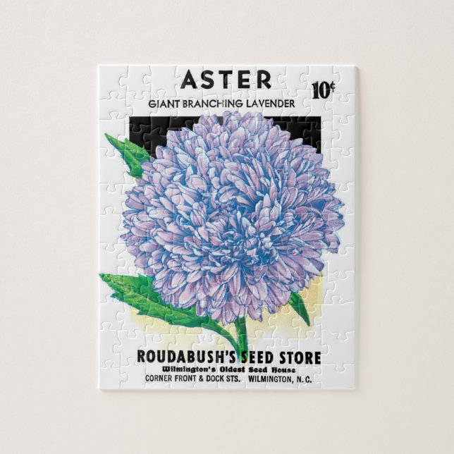 Vintage utsädespaket konst, lila aster blommor pussel (Vertikal)