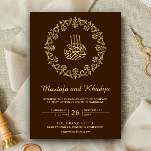 Vintage utsmyckad guld floral brun islamisk bröllo inbjudningar