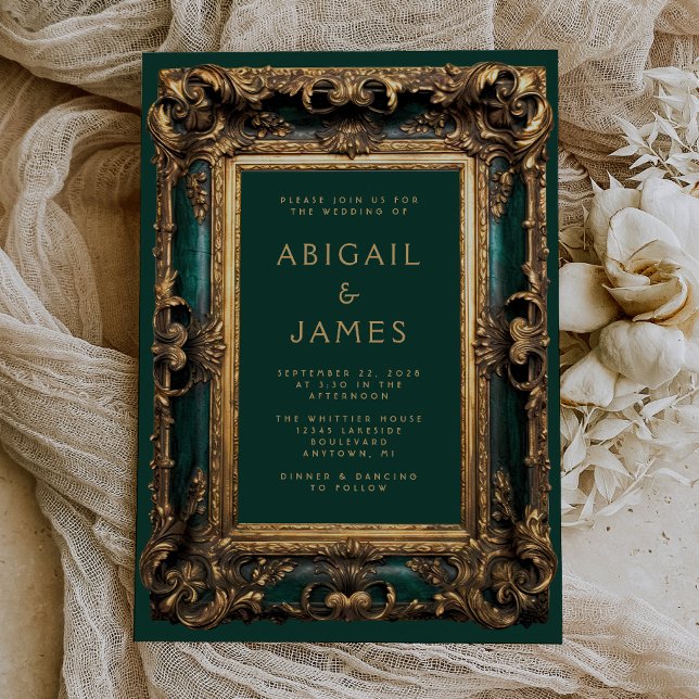 Vintage utsmyckad ram smaragdgrön guld bröllop inbjudningar (An ideal choice for a vintage emerald green and gold themed wedding.)