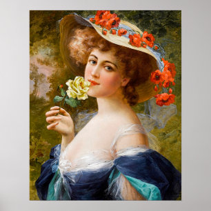 Vintage vacker Dam i blått, Gul ros blomma Poster