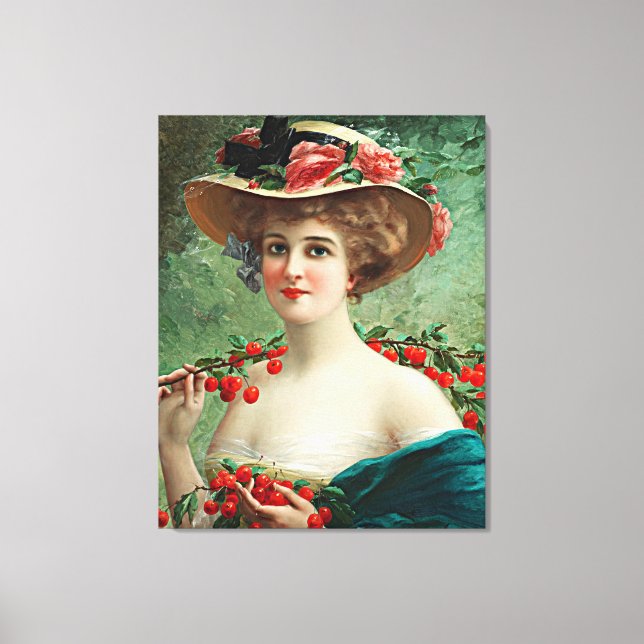 Vintage Vackert Dam, Fläckat Hat och Cherries Canvastryck (Framsida)