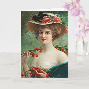 Vintage Vackert Dam, Fläckat Hat och Cherries Kort