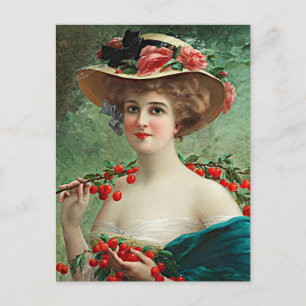 Vintage Vackert Dam, Fläckat Hat och Cherries Vykort