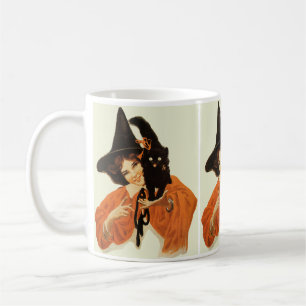 Vintage Vackert Witch med Cute Black Cat Kaffemugg