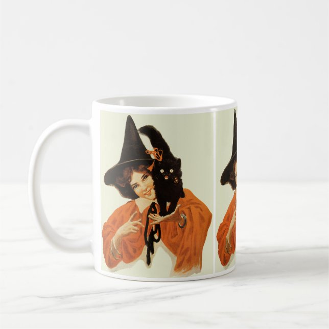 Vintage Vackert Witch med Cute Black Cat Kaffemugg (Vänster)