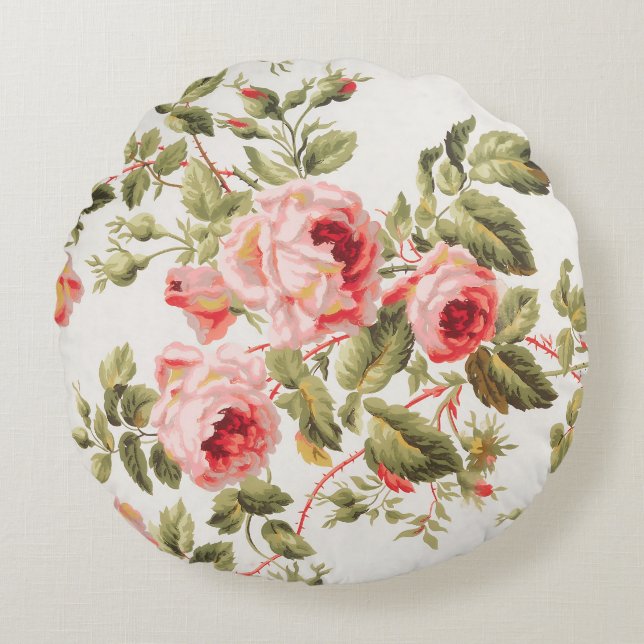 Vintage vackra rosa rosor blommönster rund kudde (Framsidan)