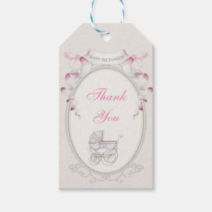 Vintage vagn Elfenbensfärgad Rutig Rosa Fåglar Presentetikett
