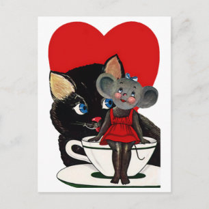 Vintage Valentindagen, Cat Mouse Tea Kopp Heart Helg Vykort
