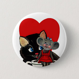 Vintage Valentindagen, Cat Mouse Tea Kopp Heart Knapp