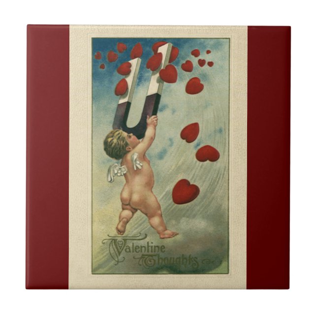Vintage Valentindagen, Cherub med Magnet Hearts Kakelplatta (Framsidan)