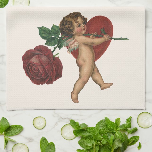 Vintage Valentindagen Cherub och Victorian Ro Kökshandduk (Vikta)