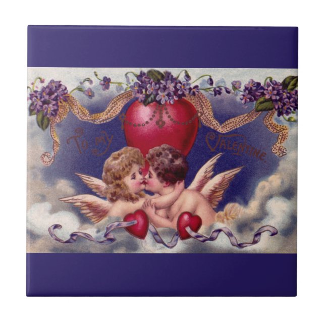 Vintage Valentindagen, Cherubs Hug in Clouds Kakelplatta (Framsidan)