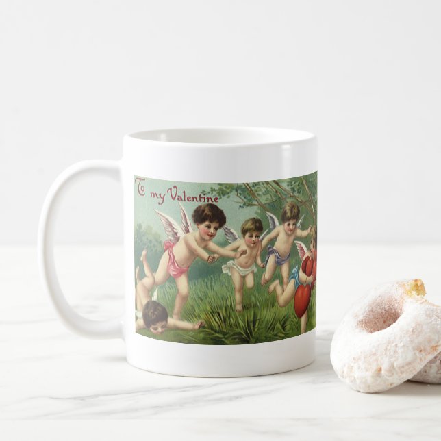 Vintage Valentindagen Cherubs med Kärlek Hearts Kaffemugg (Med munk)