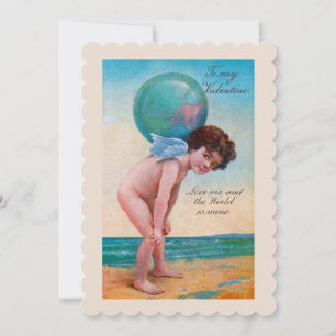 Vintage Valentindagen Cupid Holding Globe Julkort