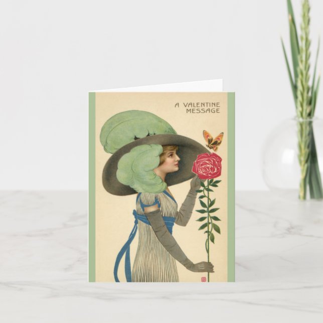 Vintage Valentindagen, Dam Röd ros Butterfly Helgkort (Framsida)