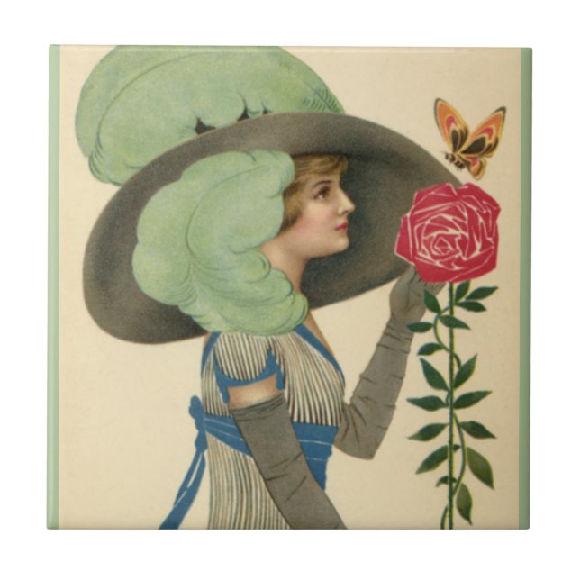 Vintage Valentindagen, Dam Röd ros Butterfly Kakelplatta (Framsidan)