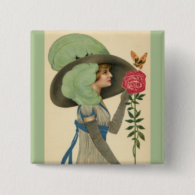 Vintage Valentindagen, Dam Röd ros Butterfly Knapp (Framsida)