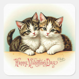 Vintage Valentindagen Kittens Stickers Fyrkantigt Klistermärke