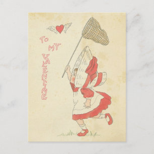 Vintage Valentindagen Red Heart Vingar Cute Girl Helg Vykort