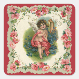 Vintage Valentindagen Victorian Cherub på Mobil Fyrkantigt Klistermärke