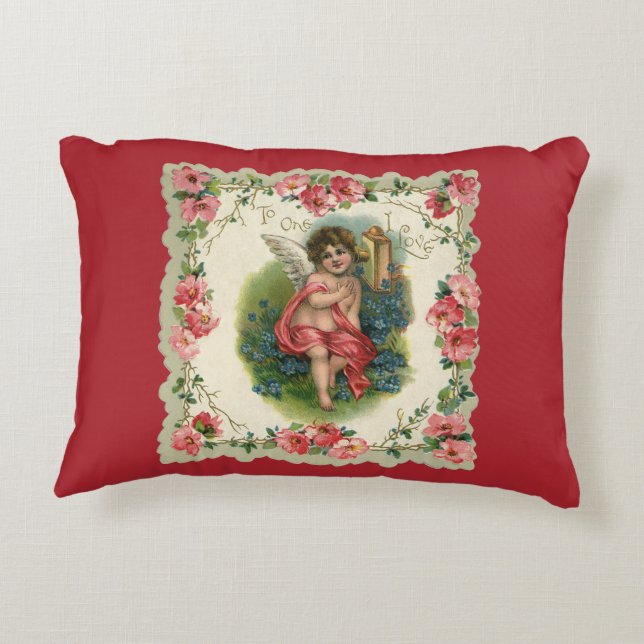 Vintage Valentindagen Victorian Cherub på Mobil Prydnadskudde (Baksidan)