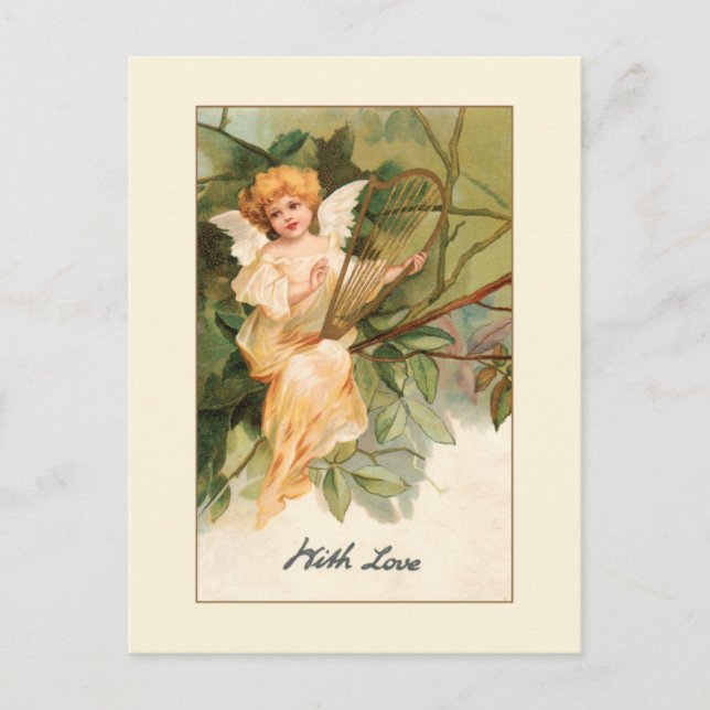 Vintage Valentine Angel med Golden Harp Vykort (Framsida)