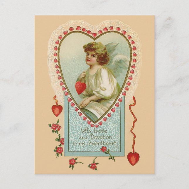 Vintage Valentine Angel och Heart Helg Vykort (Framsida)