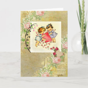 Vintage Valentine Änglar och Hearts Collage Helgkort