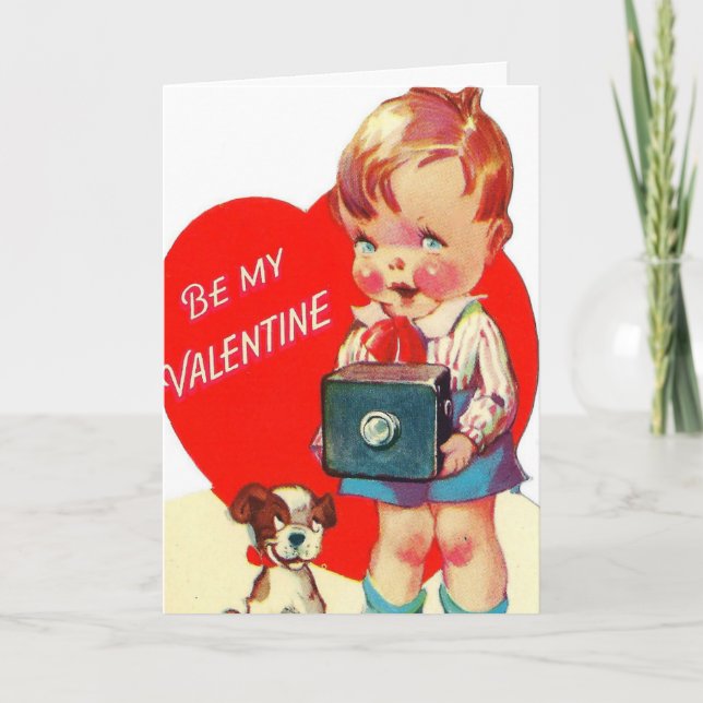 Vintage Valentine Boy och Hund Helgkort (Framsida)