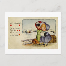 Vintage Valentine Card Two Girls väntar på tåg Helg Vykort
