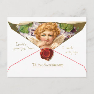 Vintage Valentine Cherub med Lila blommor Vykort