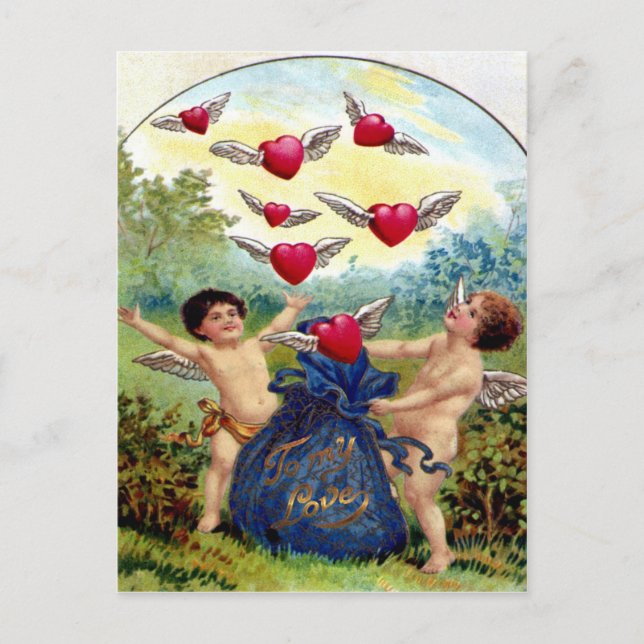 Vintage Valentine Cherubs Helg Vykort (Framsida)