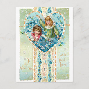 Vintage Valentine Children & Blue Glöm Me-Nots Vykort