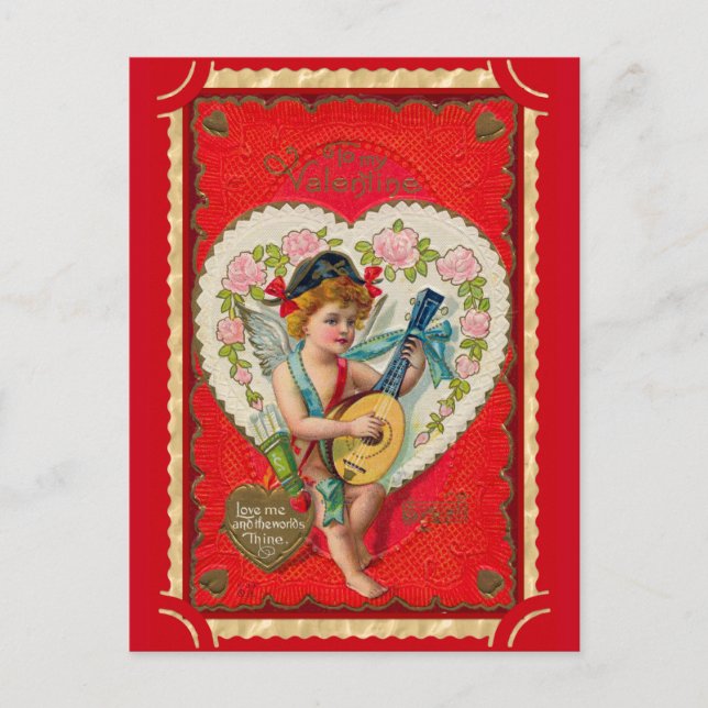 Vintage valentine cupid art musical vykort (Framsida)