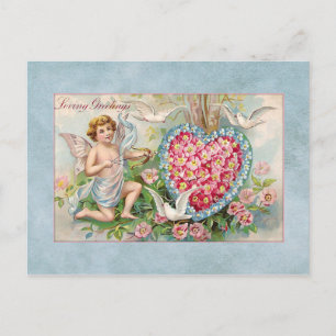Vintage Valentine Cupid och Blommigt Heart Helg Vykort