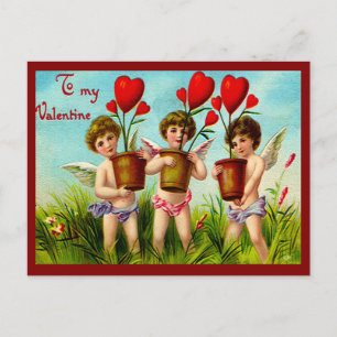 Vintage Valentine Cupids Holding Red Heart Plants Helg Vykort