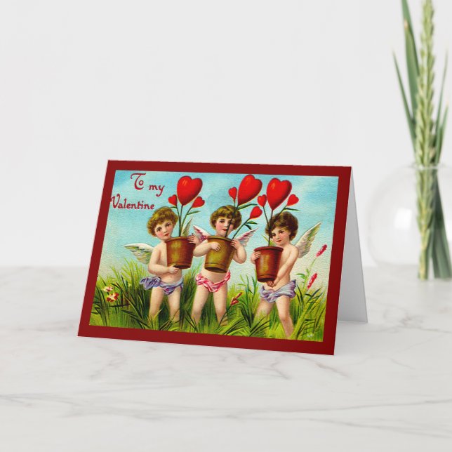 Vintage Valentine Cupids Holding Red Heart Plants Helgkort (Framsida)