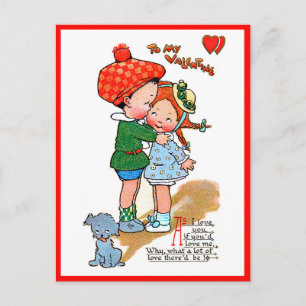 Vintage Valentine Cute Girl & Boy med Hund Vykort