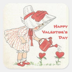 Vintage Valentine Cute Girl Vatten Red Hearts Fyrkantigt Klistermärke