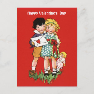 Vintage Valentine Cute Kids med Doll och kuvert Helg Vykort